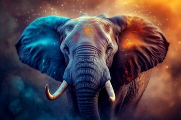 An imaginative portrayal of an elephant, emphasizing its tusks and colorful design.