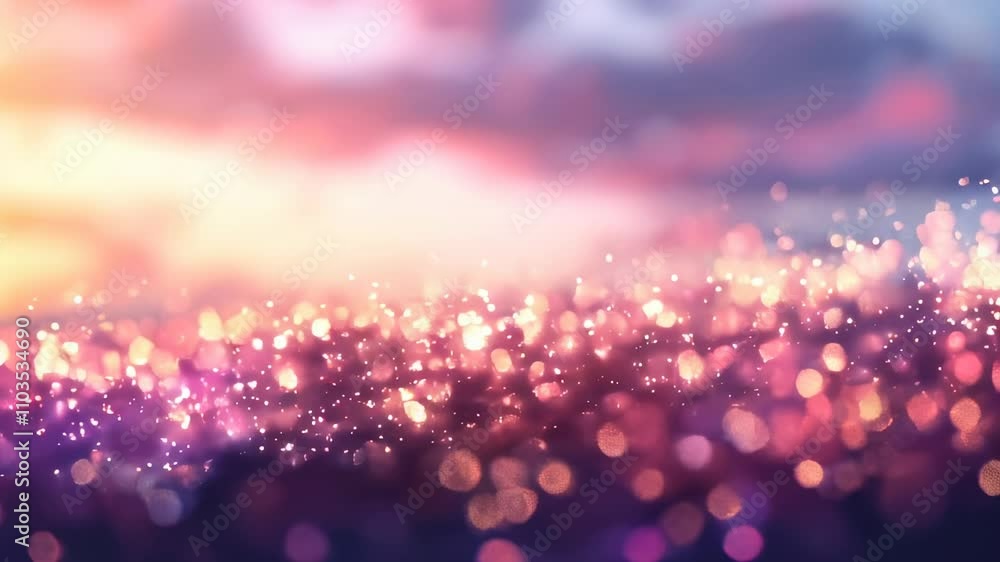 Poster sparkling glitter-like lights float across a sunset sky, creating a magical and ethereal scene with 