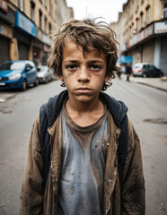 Homeless kid portrait sitting on the street. Homelessness, child abuse, social issue concept