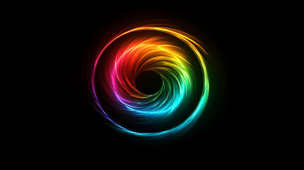 vibrant, luminous spiral design featuring spectrum of colors, creating striking contrast against black background. This captivating artwork evokes sense of movement and energy