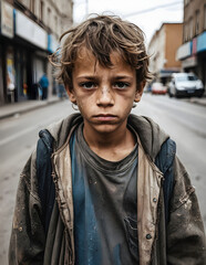 Homeless kid portrait sitting on the street. Homelessness, child abuse, social issue concept