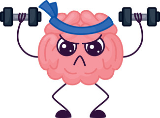 A cartoon brain is lifting weights with a blue headband