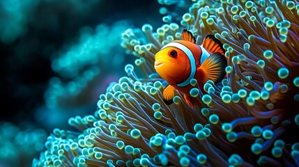 Fototapeta premium An orange clownfish gracefully swims among the vibrant tentacles of a sea anemone.