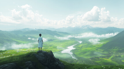 Obraz premium person standing on rocky outcrop, gazing over vast green landscape with mountains and river. scene evokes sense of contemplation and tranquility