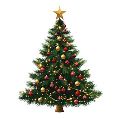 Gleaming Vector Christmas Tree Illustration in Red, Gold, and Green, Perched on a Pure White Surface, Enhancing Festive Decor and Seasonal Imagery.
