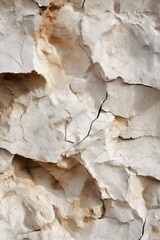 Fototapeta premium A large rock with a rough, weathered surface. The rock appears to be covered in dirt and has a few holes in it. Scene is one of ruggedness and decay
