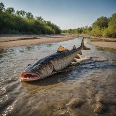 Fototapeta premium A giant catfish gliding near the sandy riverbed.