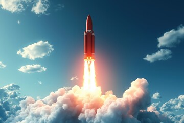 A bright red rocket flies into space leaving a plume of smoke behind it.