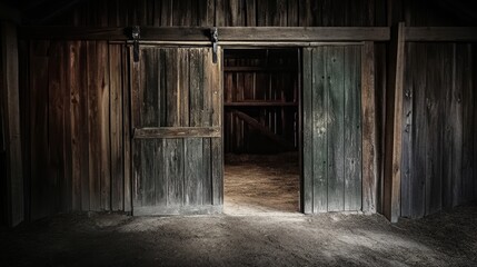 Wooden walls frame the mysterious ambiance of a barn door ajar.