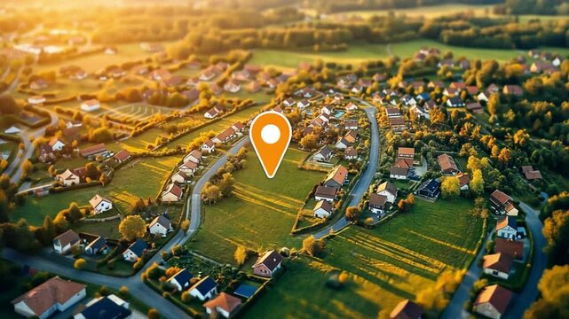 Aerial view of a suburban neighborhood with a pin on a piece of land.