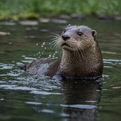 A river otter catching a fish near the surface of a tranquil stream.

