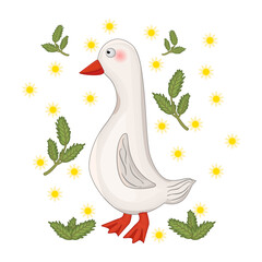 Cartoon goose isolated on white background. Duck with leaf and flowers. Farm bird on Happy Easter style. Farmyard or barnyard animal for posters, book or education. Stock vector illustration