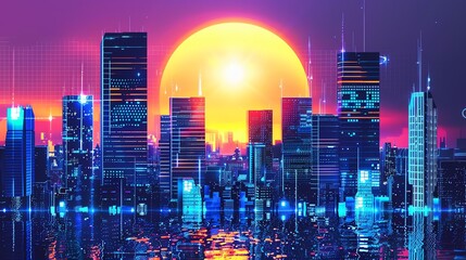 Fototapeta premium A futuristic city skyline at sunset, with neon lights.