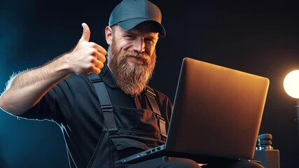 Computer repair specialist in a black shirt gives thumbs up in front of laptop.