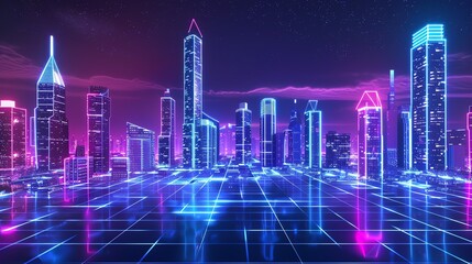 A futuristic cityscape at night with neon lights.