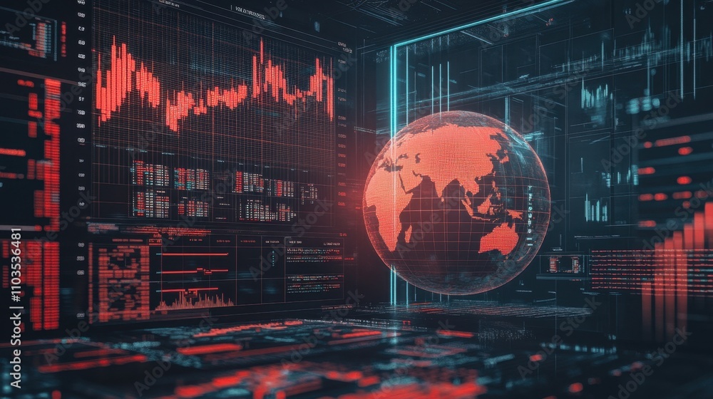 Poster a transparent globe overlaying stock market graphs and financial statistics.