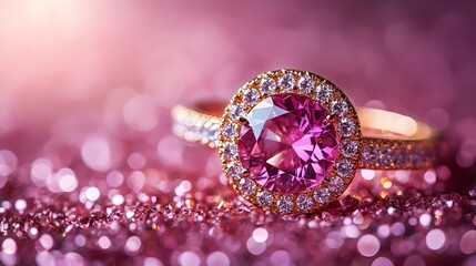 Fototapeta premium A pink diamond ring sits on a pink background