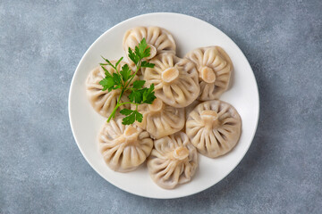 Traditional Georgian dish khinkali - Hinkali - Boiled khinkali with lamb or beef or cheese