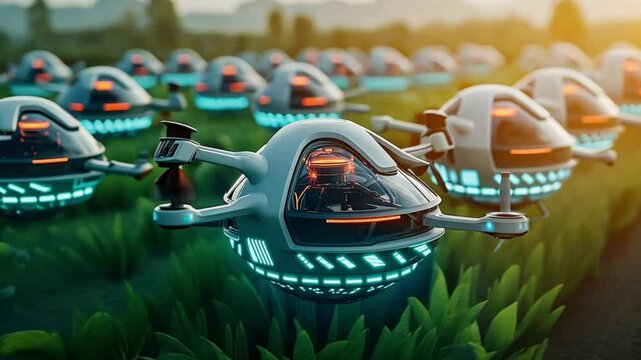 A fleet of futuristic drones hover over a field of crops, showcasing a vision of advanced agriculture.
