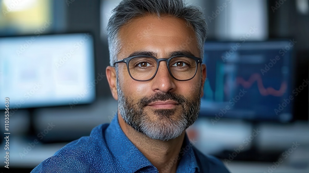 Poster serious bearded man in glasses sitting at desk intensely focused on computer screens while working o