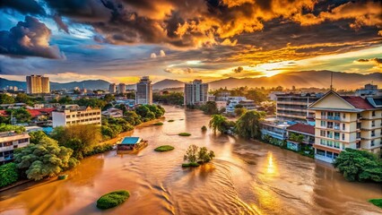Naklejka premium Dramatic Flooding in Chiang Mai: Ping River Overflows, Submerging City Streets and Surroundings in a Stunning Landscape of Water and Reflection