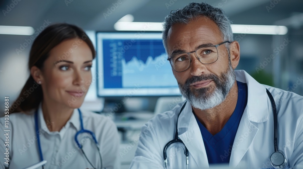 Poster two medical professionals in lab coats standing in front of a computer screen displaying patient dat