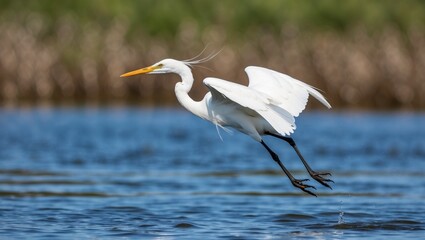 Great egret standing in a lake, a stunning white bird with long, elegant feathers and a sharp beak