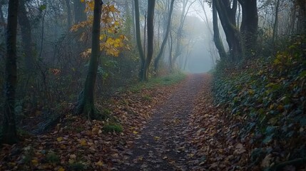 Fototapeta premium Misty Forest Path with Colorful Leaves Under Foggy Sky