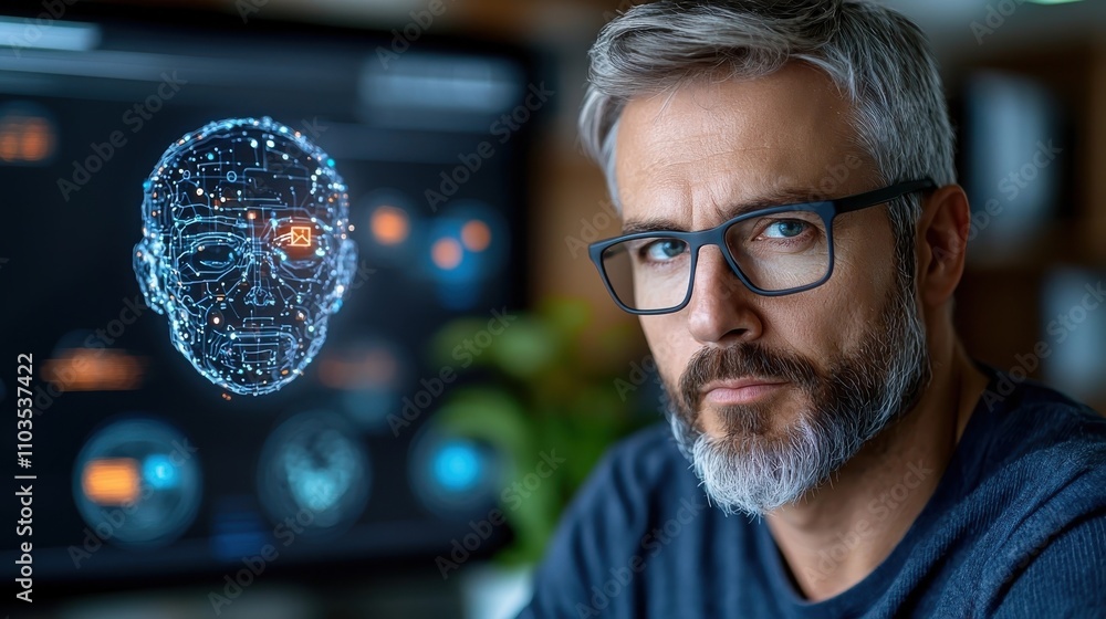 Poster glowing cyborg portrait of a futuristic man visualizing digital data and intelligence concept of inn