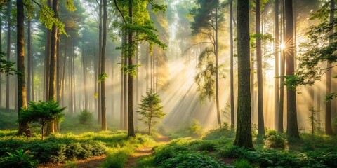 Obraz premium Dreamy Forest Scene with Dappled Sunlight and Mist – Aesthetic Background in Soft Greens and Browns for Tranquil Nature Photography