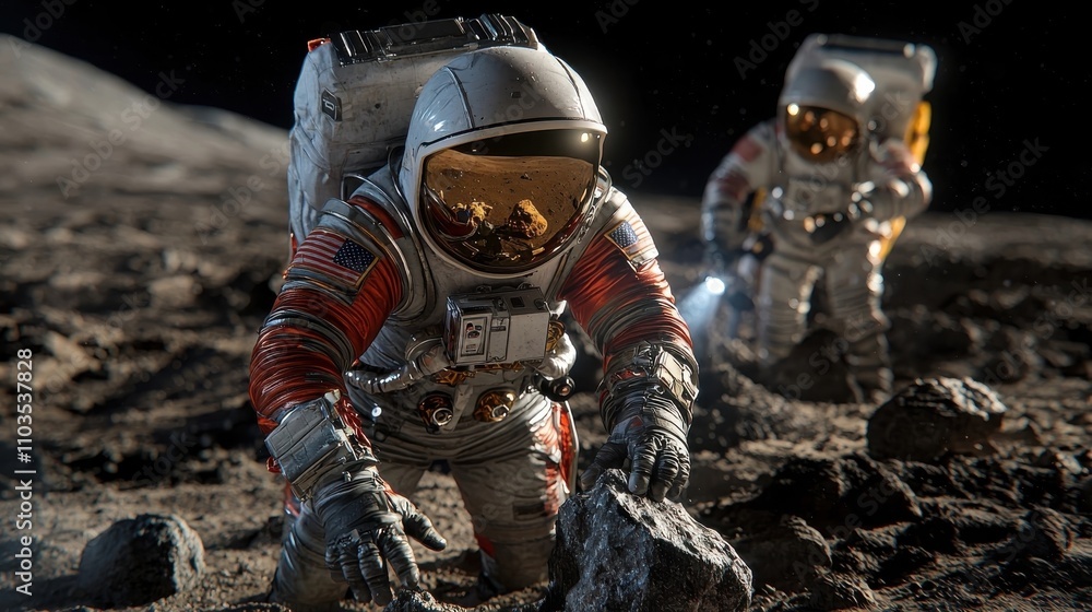 Poster intrepid astronaut venturing across the desolate lunar landscape equipped with a specialized spacesu