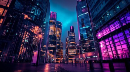 Obraz premium Vibrant Cityscape at Night: Futuristic Buildings Glow in Blues and Pinks
