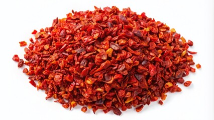 Fototapeta premium Dried Red Pepper Flakes Pile Isolated on White Background for Culinary and Spicy Food Concepts, Perfect for Cooking, Recipes, and Food Photography Needs