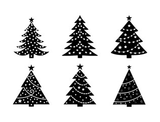 Festive Christmas Tree Set: Unique Graphic Designs, Modern Holiday Trees: Versatile Vector Illustrations, Set of christmas trees. Winter collection, Flat vector illustrations.