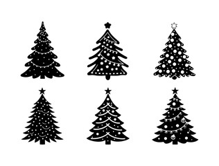 Festive Christmas Tree Set: Unique Graphic Designs, Modern Holiday Trees: Versatile Vector Illustrations, Set of christmas trees. Winter collection, Flat vector illustrations.