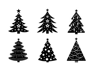 Festive Christmas Tree Set: Unique Graphic Designs, Modern Holiday Trees: Versatile Vector Illustrations, Set of christmas trees. Winter collection, Flat vector illustrations.