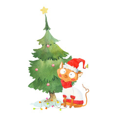 Watercolor illustration with a cat in a sweater, New Year tree, garland. Composition of illustrations on a white background. Winter-themed illustrations for decoration, printing and design, stickers.