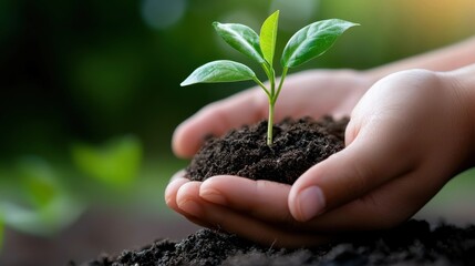 Hands gently holding a small fragile green seedling emerging from rich nutrient dense soil  A symbol of new life growth