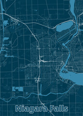 This is a detailed map of Niagara Falls, featuring a network of roads and waterways. The map is rendered in a minimalist style with a dark blue background and white lines representing streets.