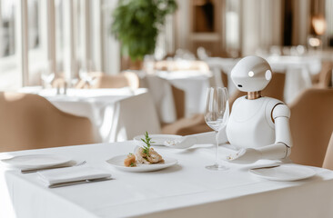 Fototapeta premium A robot serving dishes in a luxurious, white-tablecloth restaurant filled with sunlight