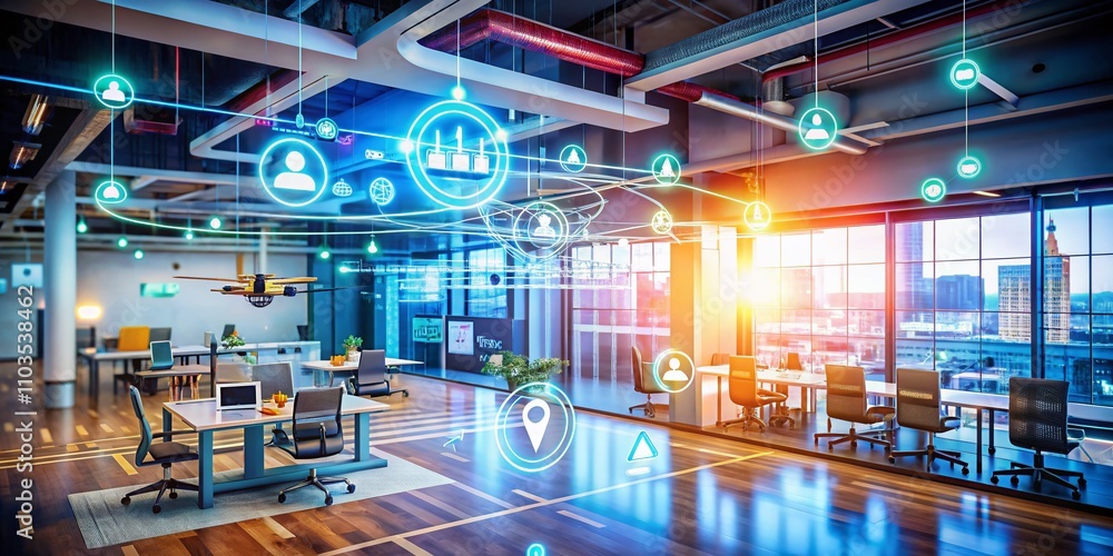 Poster drone photography showcasing integration system line animation in a modern tech environment with cir