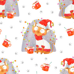 Watercolor Christmas pattern with a cat in a sweater and a festive hat, a cup of cocoa, garland. Seamless Christmas and New Year pattern for decorating home textiles, children's pajamas and home cloth