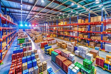 Obraz premium Drone Photography of Warehouse Inventory Management System: Aerial View of Efficient Product Placement and Tracking on Shelves in a Modern Warehouse Environment