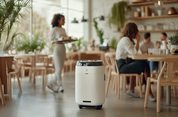 A futuristic café with robotic waiters moving gracefully among tables of customers