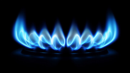 Blue flames dance on a gas stove in a rustic home kitchen, illuminating the dark background with natural light effects