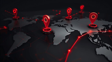 A futuristic, neon-red digital representation of the world map, glowing red nodes and interconnected lines, global connectivity, red location pins, high-tech theme