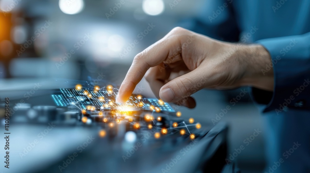 Poster glowing digital circuit board with futuristic microchips and electronic components abstract technolo