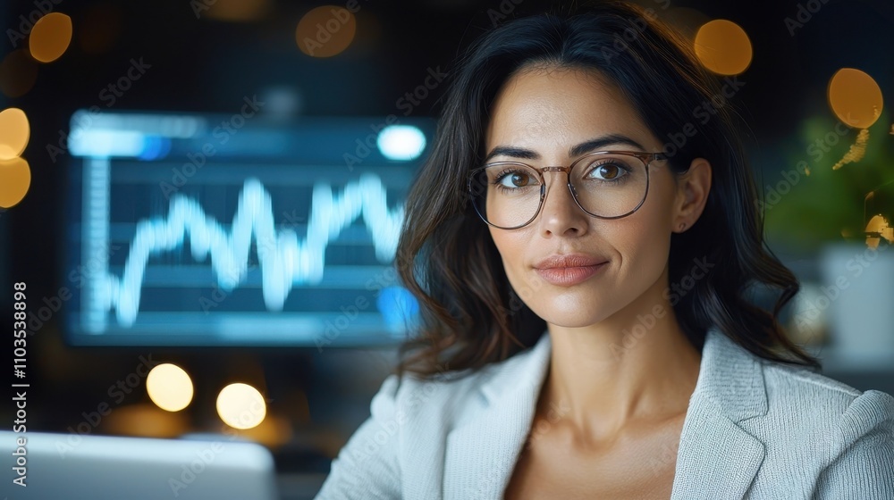 Poster confident and focused business analyst reviewing financial data charts and graphs on computer screen