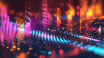 Colorful neon light waves representing sound or data visualization on a dark background. Vibrant abstract concept for technology and music themes