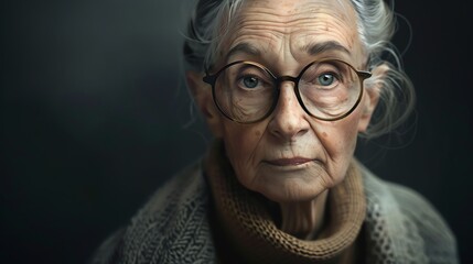 Obraz premium A close-up portrait of an elderly woman wearing glasses, with a thoughtful expression.